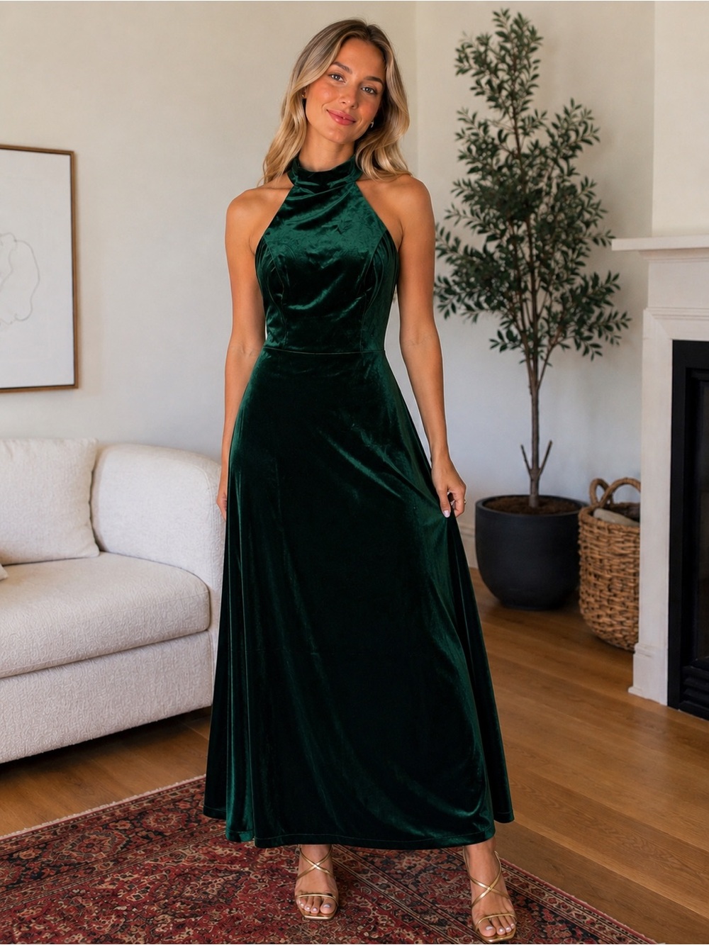 Revelry Size 8 Emerald Green Velvet Halter Maxi Dress Formal